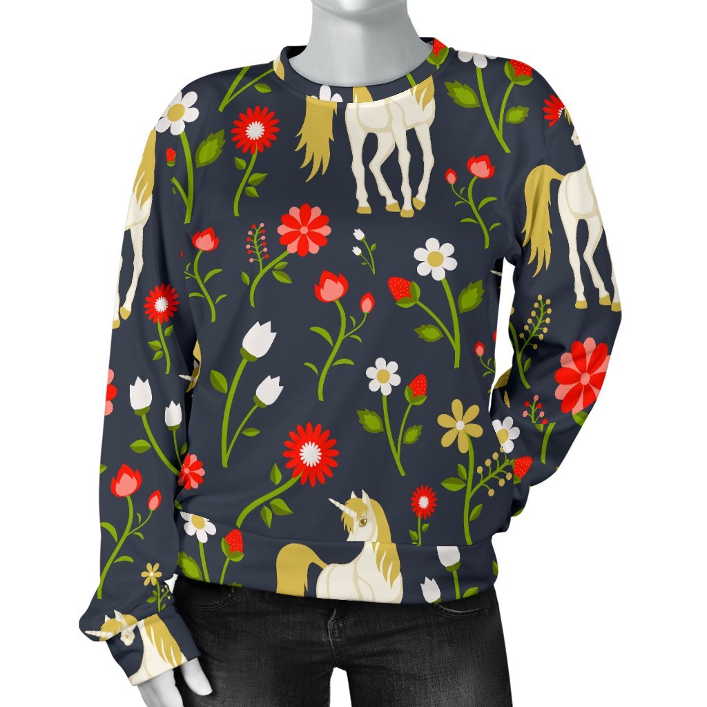 Magic Floral Unicorn Pattern Print Women's Crewneck Sweatshirt GearFrost