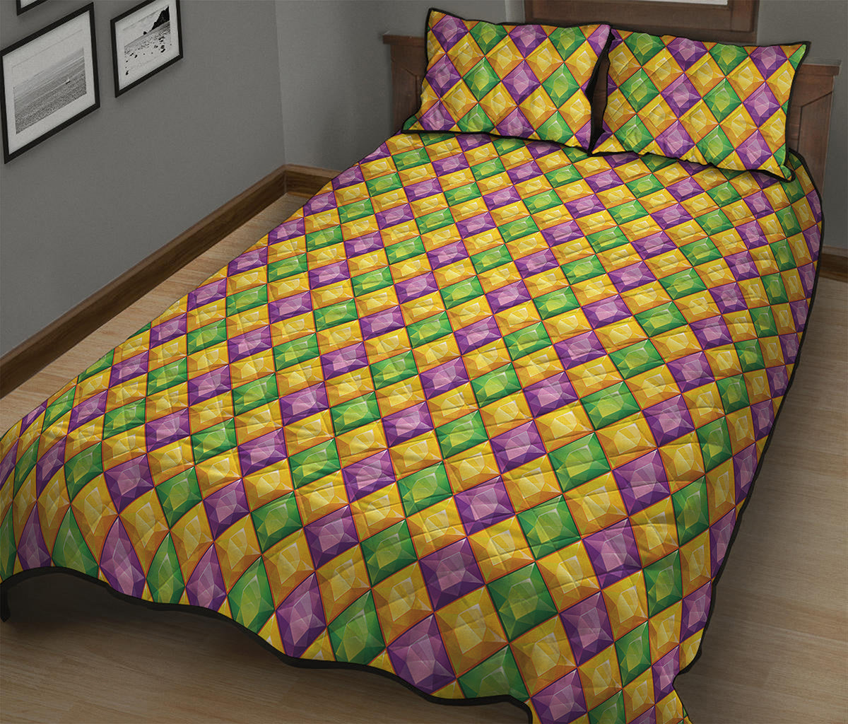 Mardi Gras Diamond Pattern Print Quilt Bed Set