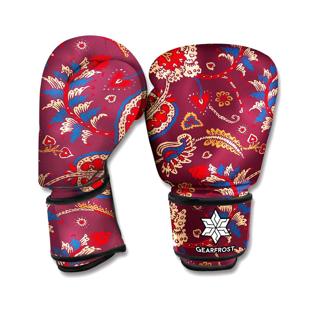 Maroon Vintage Bohemian Floral Print Boxing Gloves