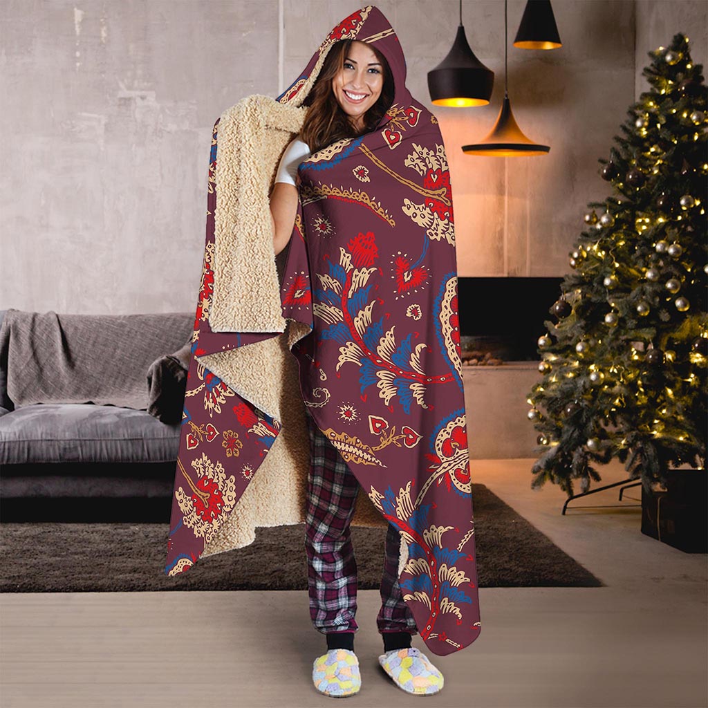Maroon Vintage Bohemian Floral Print Hooded Blanket