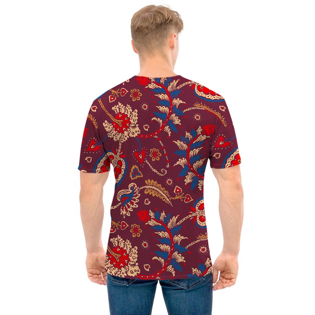 Maroon Vintage Bohemian Floral Print Men's T-Shirt