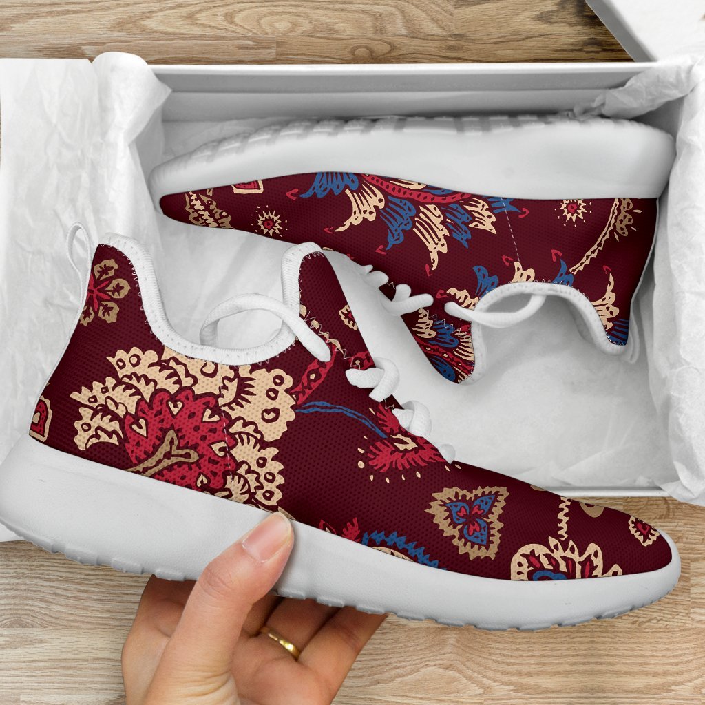 Maroon Vintage Bohemian Floral Print Mesh Knit Shoes GearFrost