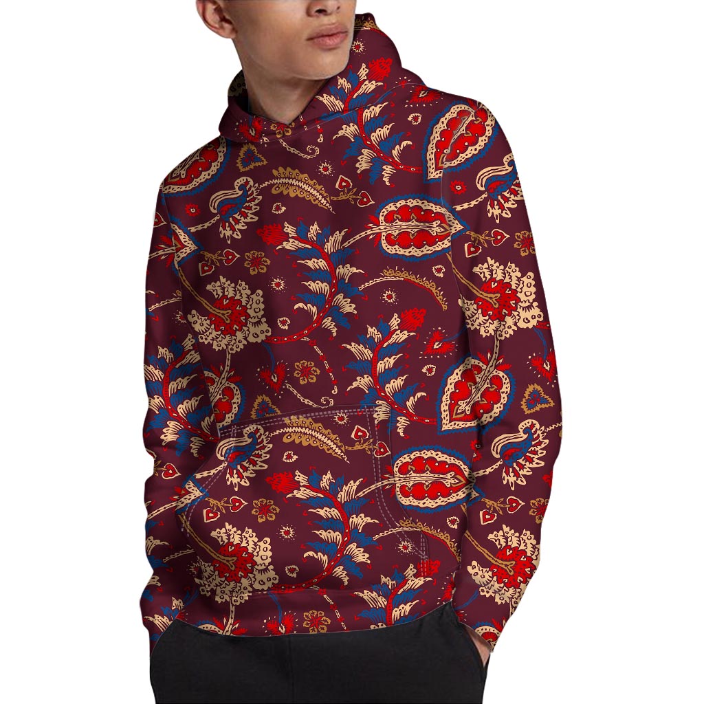Maroon Vintage Bohemian Floral Print Pullover Hoodie