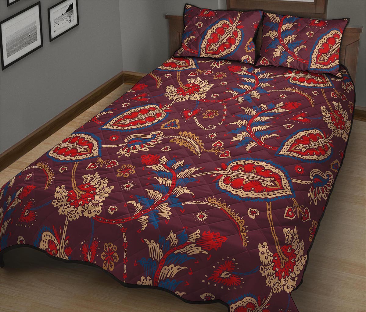 Maroon Vintage Bohemian Floral Print Quilt Bed Set