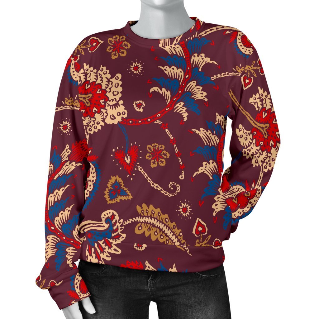 Maroon Vintage Bohemian Floral Print Women's Crewneck Sweatshirt GearFrost