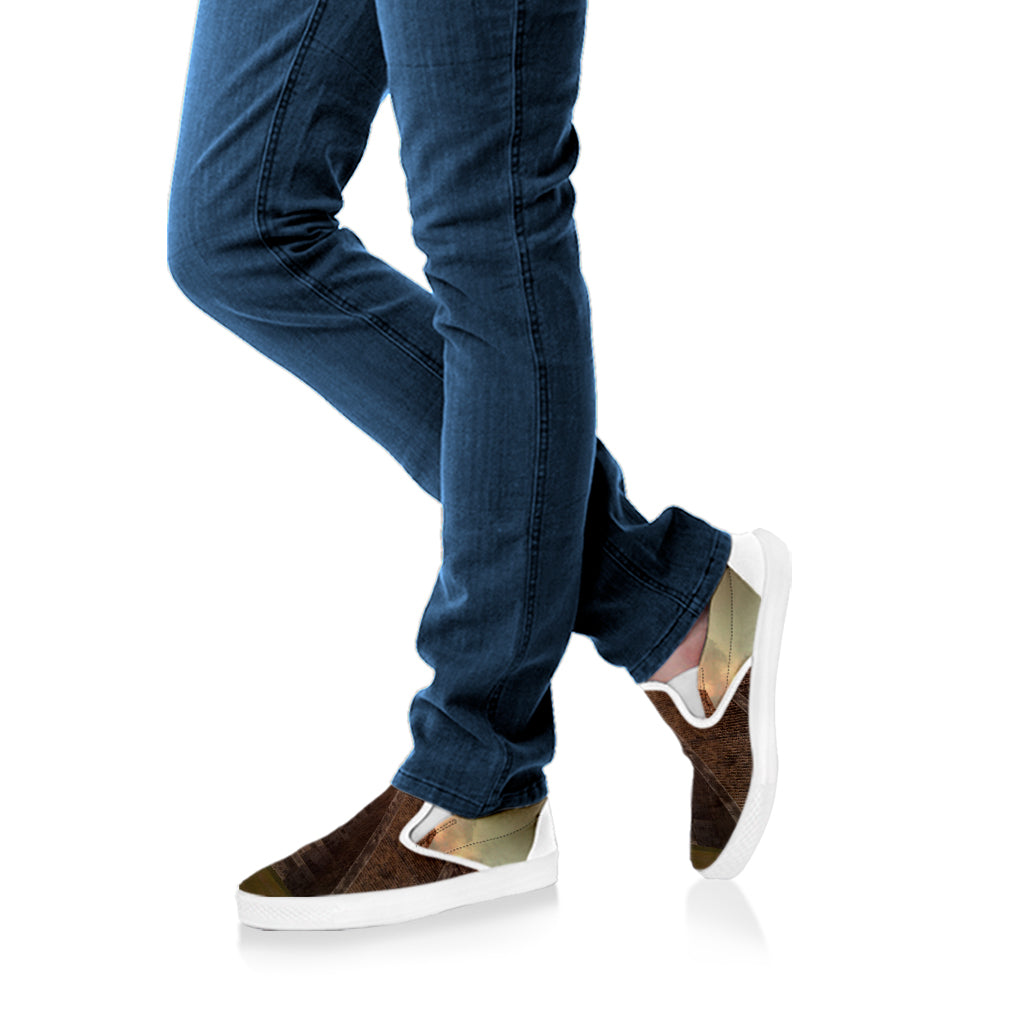 Mayan Pyramid Print White Slip On Shoes