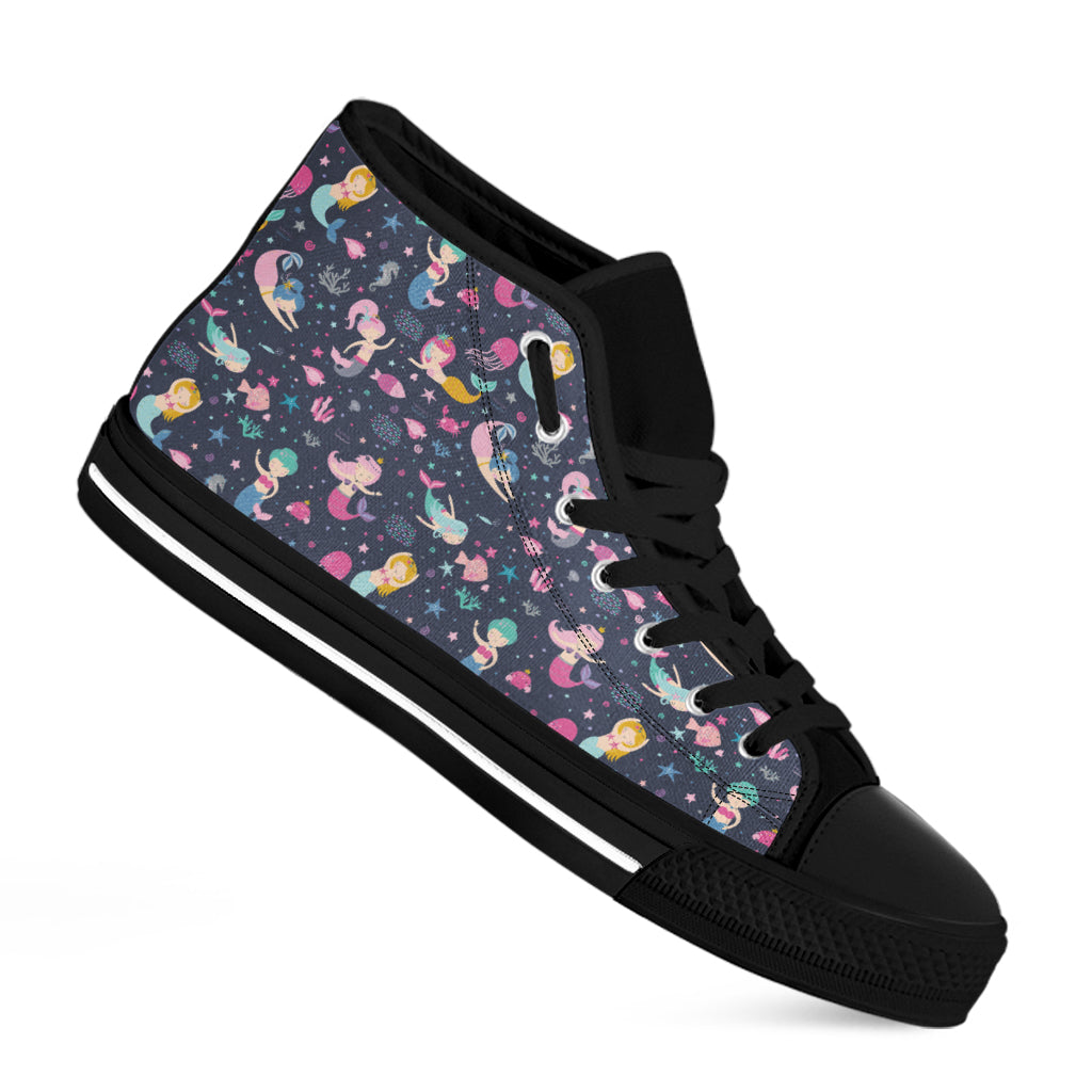 Mermaid Cartoon Pattern Print Black High Top Shoes