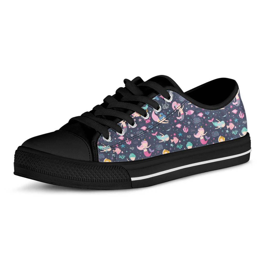 Mermaid Cartoon Pattern Print Black Low Top Shoes