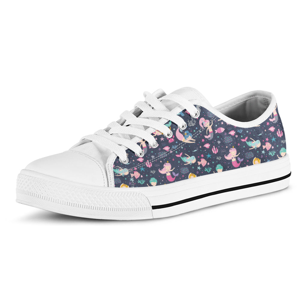 Mermaid Cartoon Pattern Print White Low Top Shoes