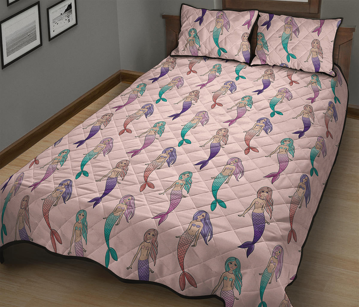 Mermaid Girls Pattern Print Quilt Bed Set