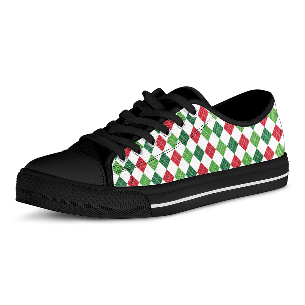 Merry Christmas Argyle Pattern Print Black Low Top Shoes