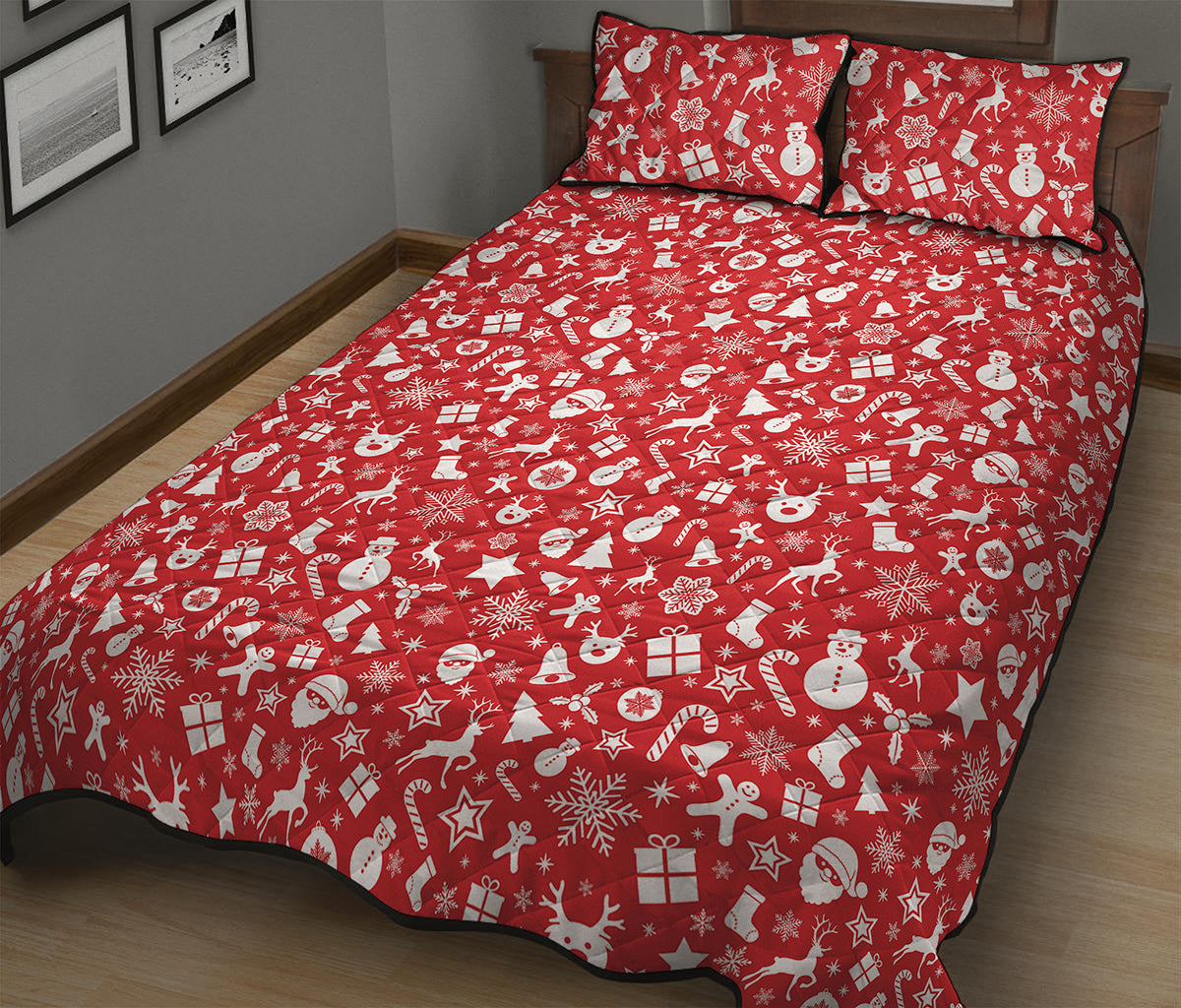 Merry Christmas Elements Pattern Print Quilt Bed Set