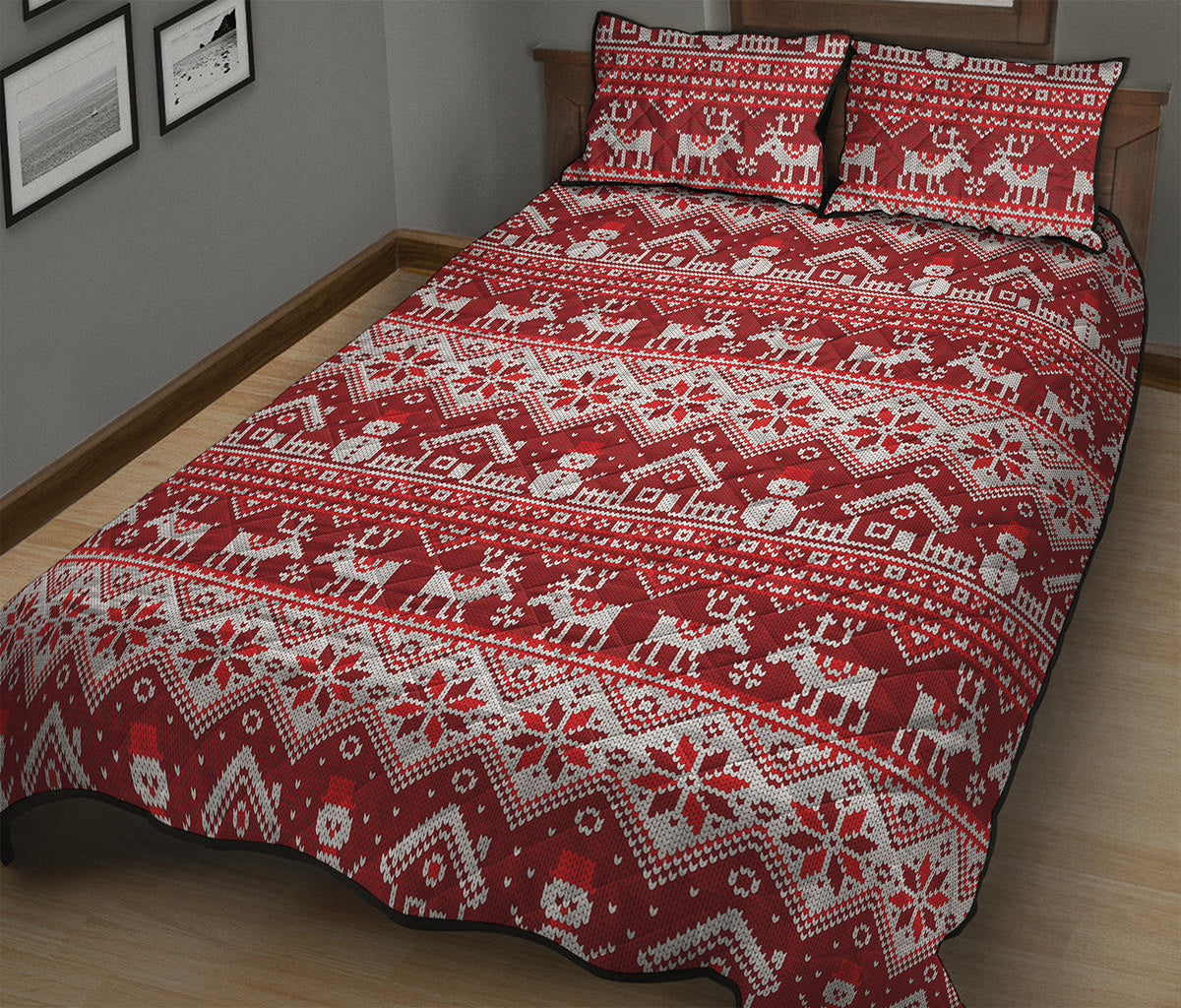Merry Christmas Knitted Pattern Print Quilt Bed Set