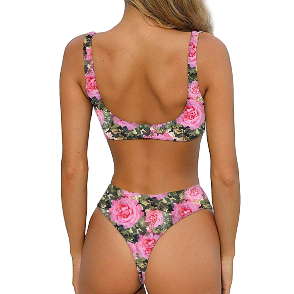 Military Camouflage Flower Pattern Print Front Bow Tie Bikini