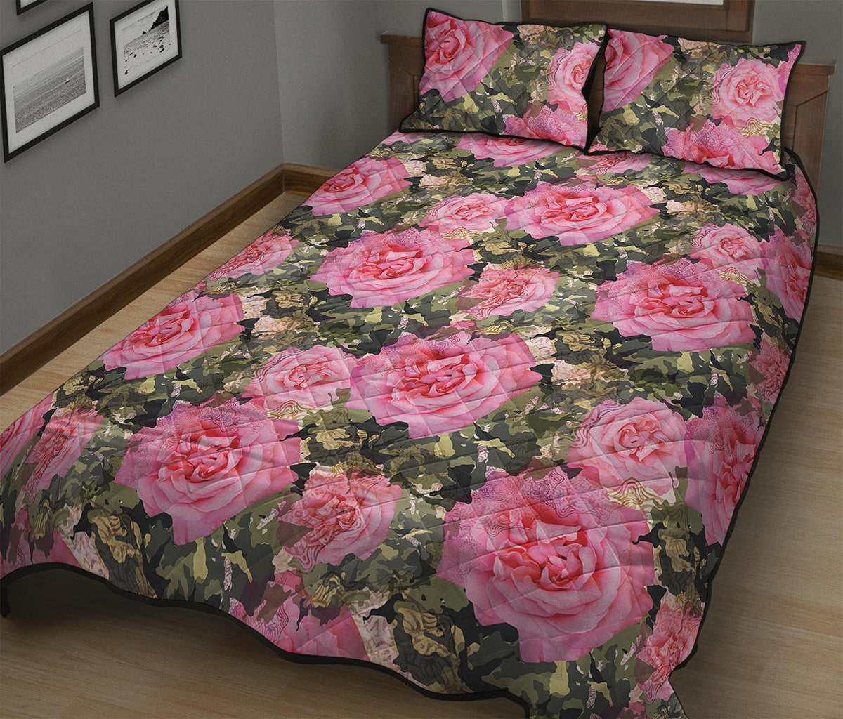 Military Camouflage Flower Pattern Print Quilt Bed Set