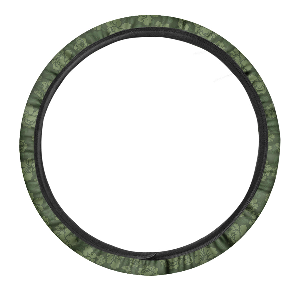 Military Green Camo Flower Pattern Print Car Steering Wheel Cover
