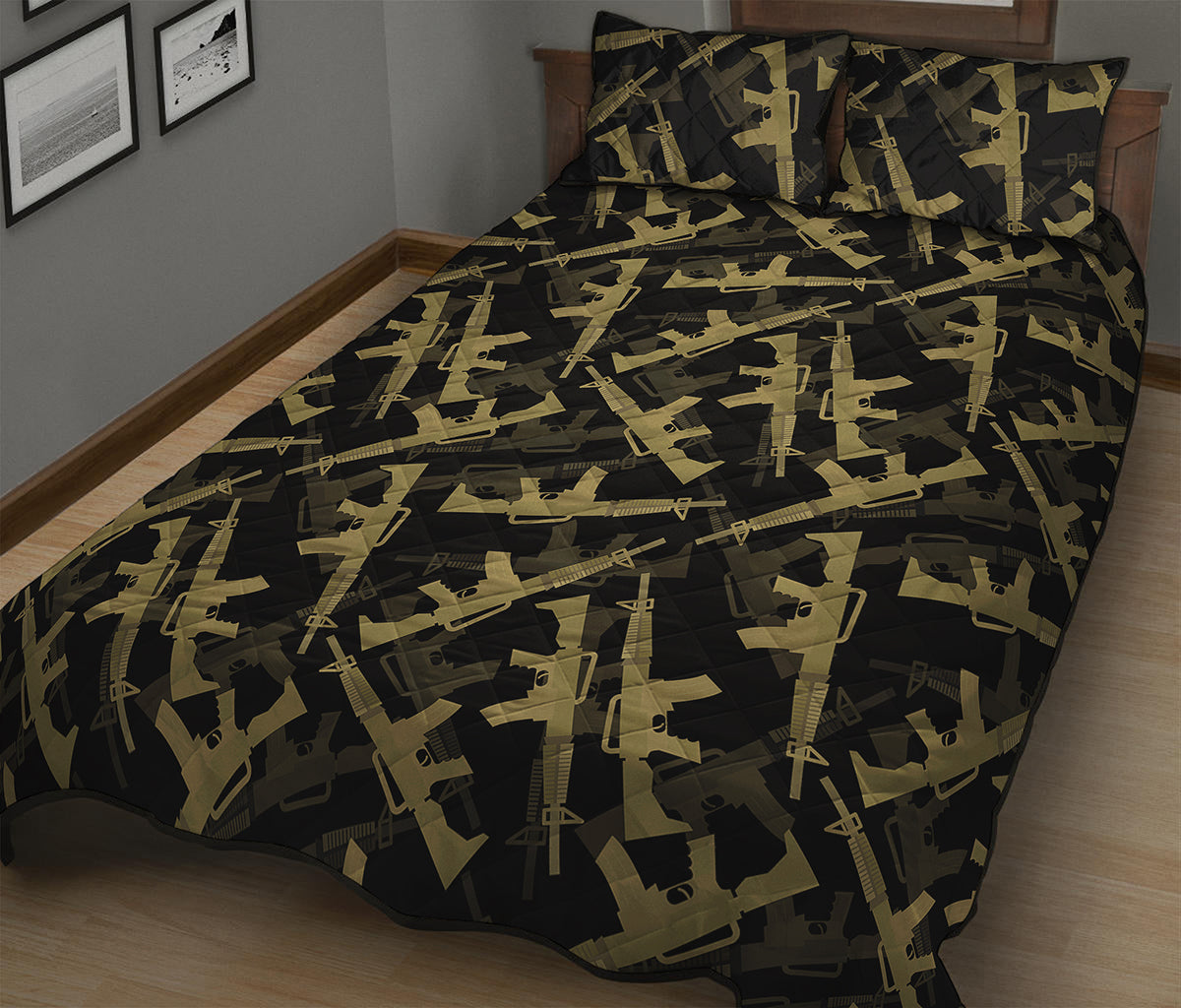 Military Guns Pattern Print Quilt Bed Set