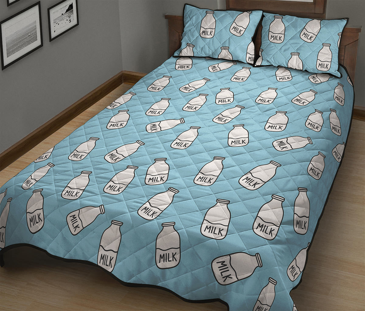Milk Bottle Cartoon Pattern Print Quilt Bed Set