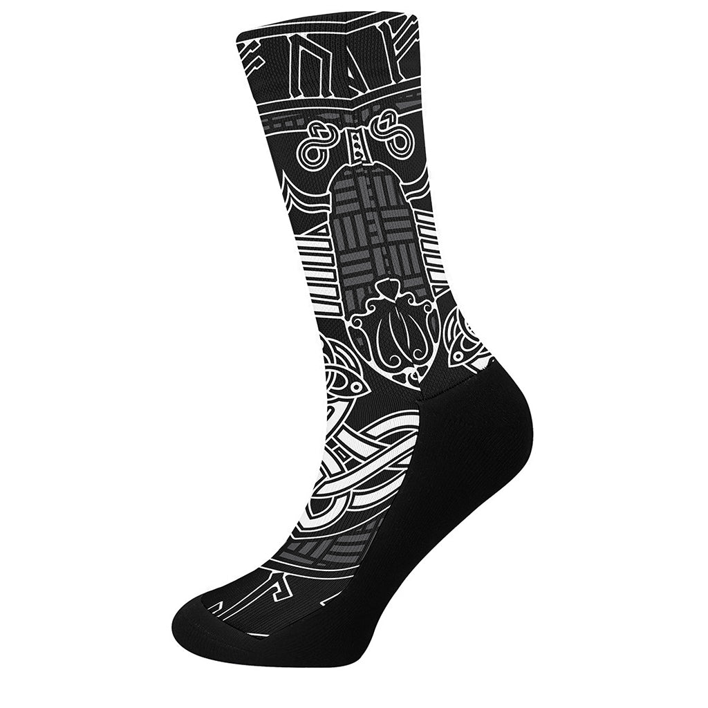 Mjolnir And Scandinavian Runes Print Crew Socks