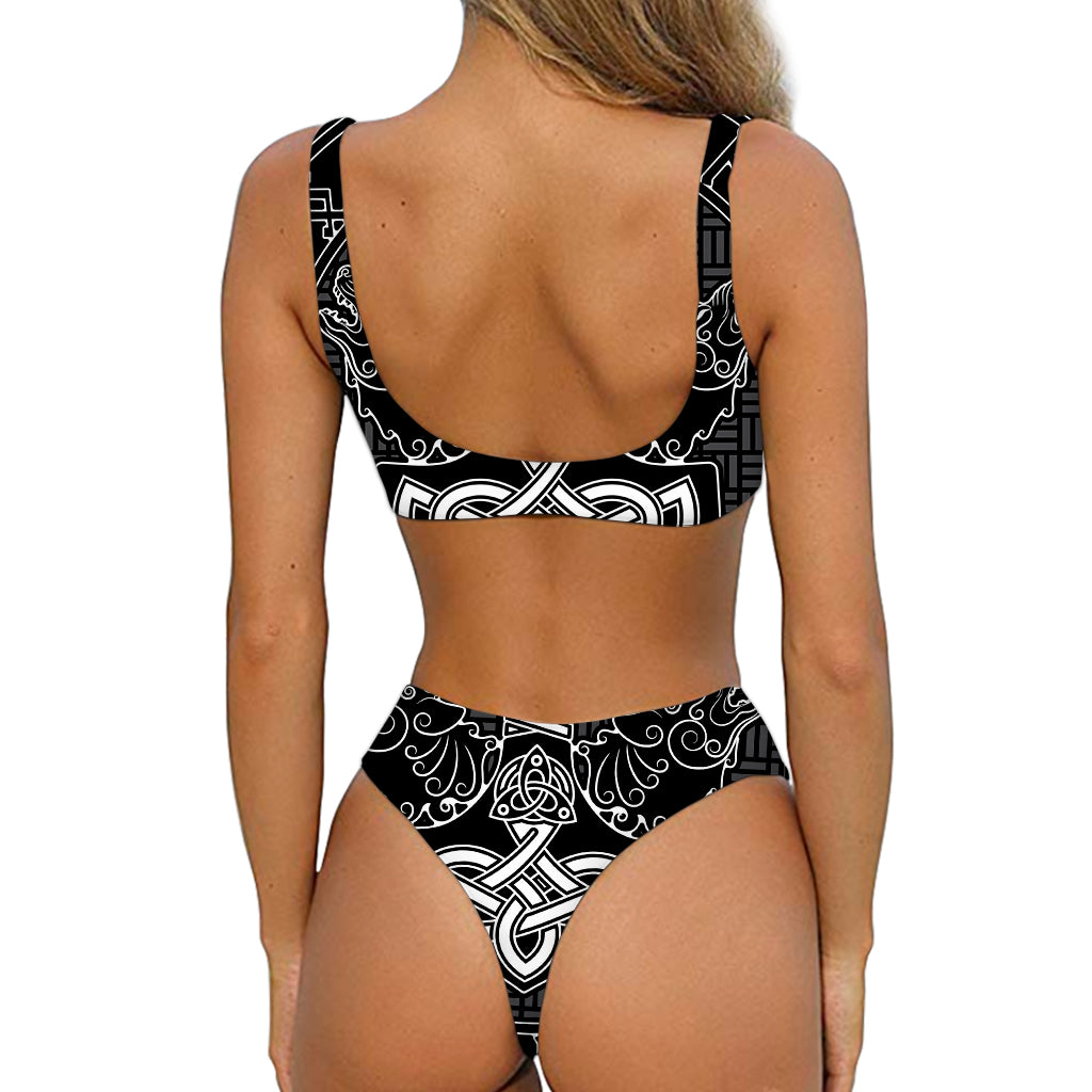 Mjolnir And Scandinavian Runes Print Front Bow Tie Bikini