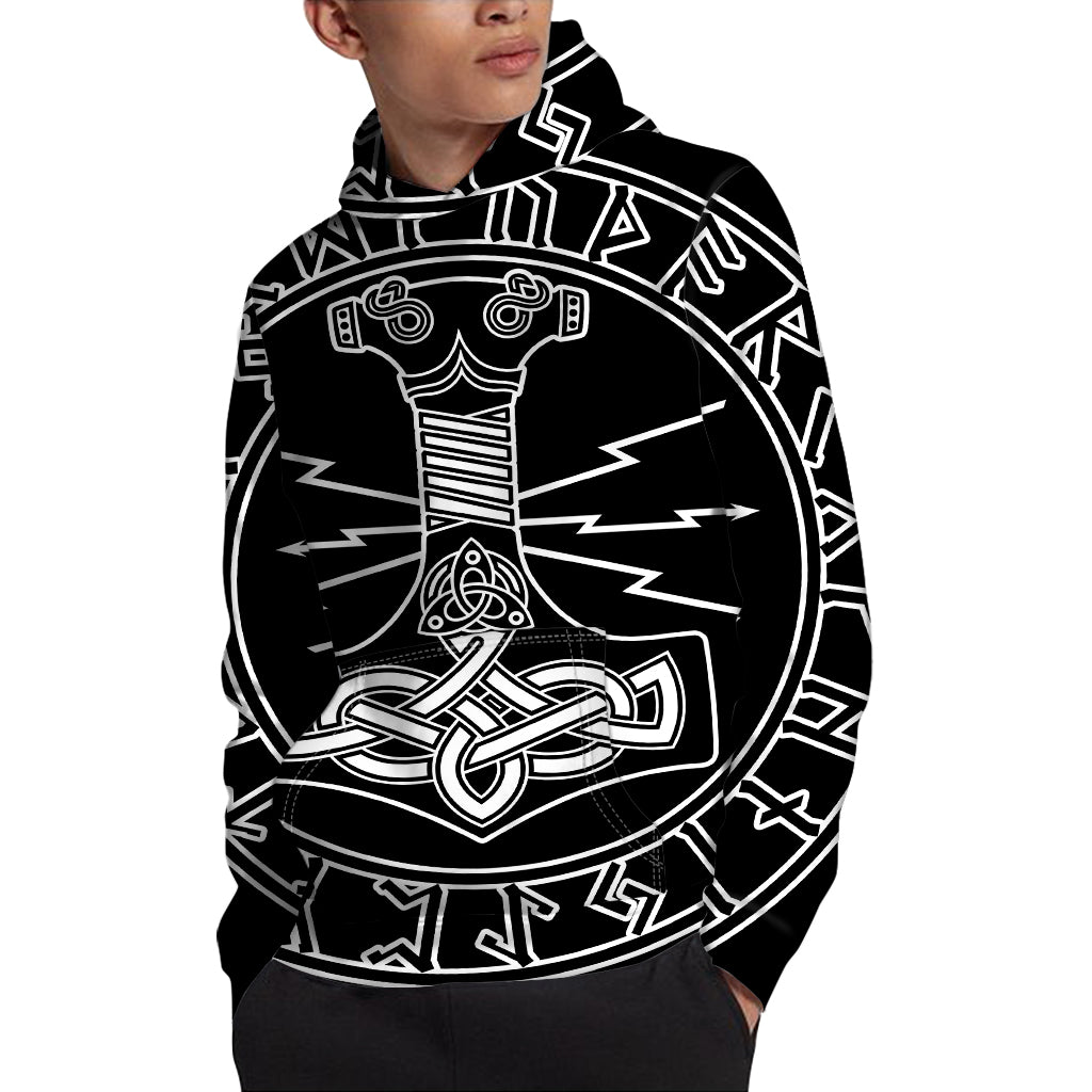 Mjolnir And Younger Futhark Print Pullover Hoodie