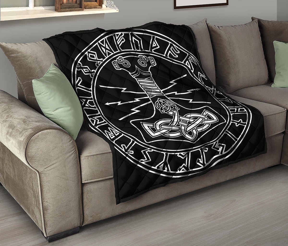 Mjolnir And Younger Futhark Print Quilt