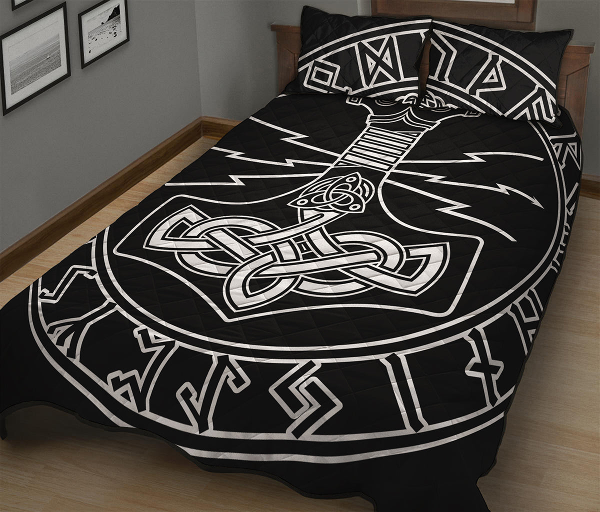 Mjolnir And Younger Futhark Print Quilt Bed Set