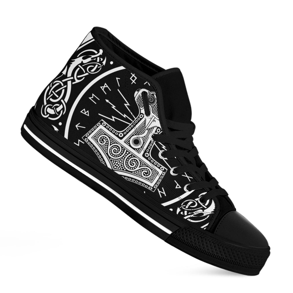 Mjolnir Norse Mythology Print Black High Top Shoes