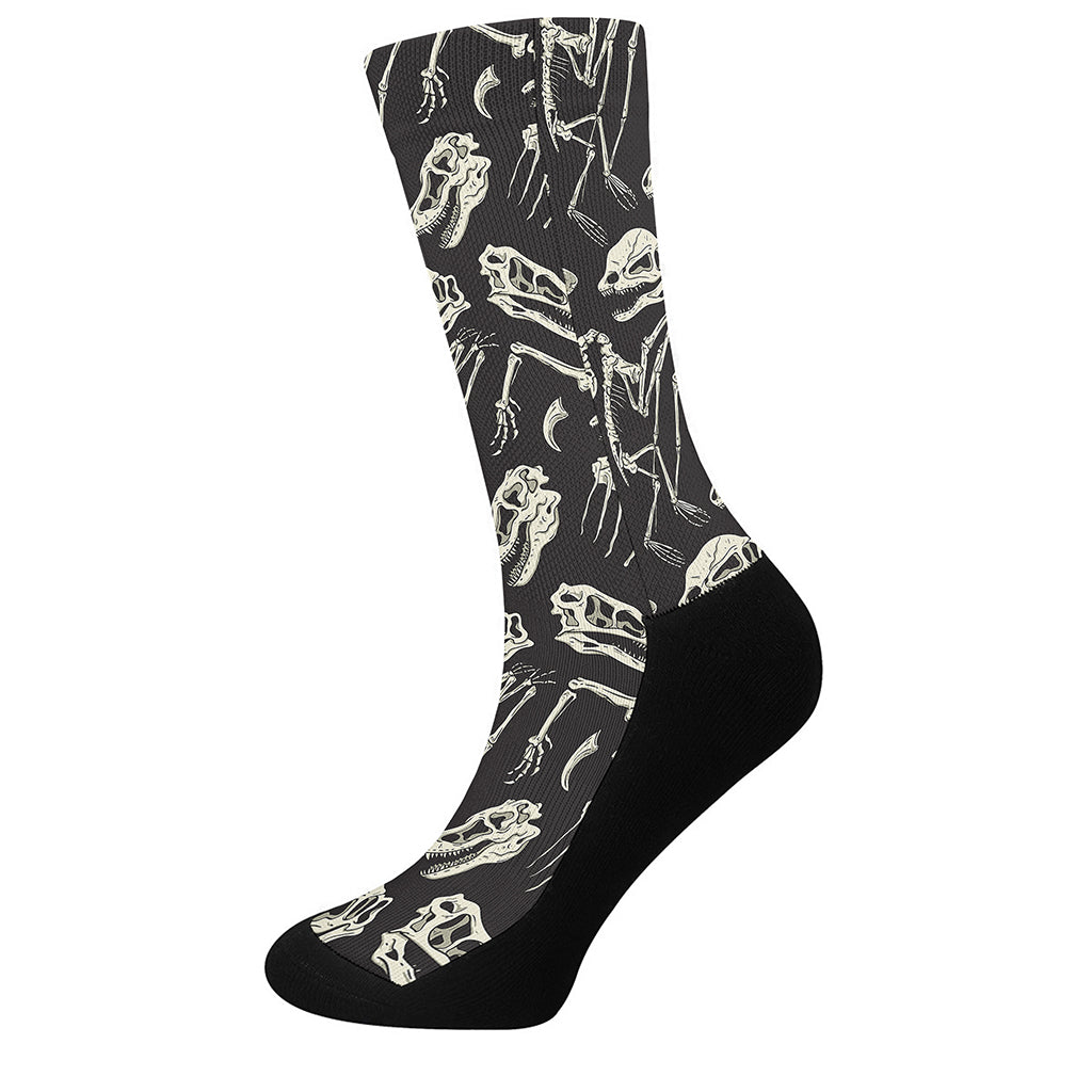 Monochrome Dinosaur Fossil Pattern Print Crew Socks