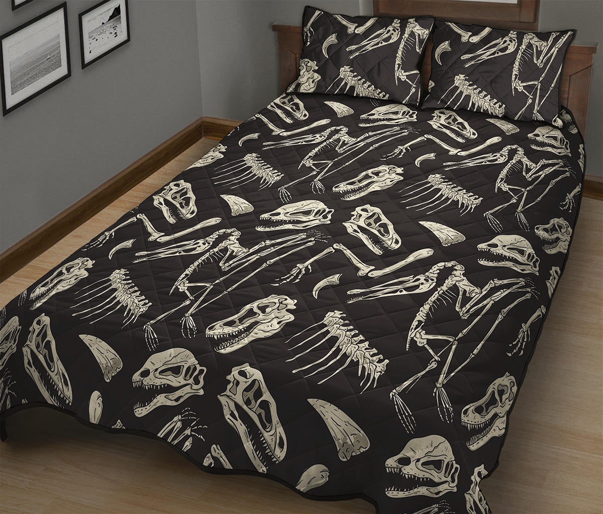 Monochrome Dinosaur Fossil Pattern Print Quilt Bed Set