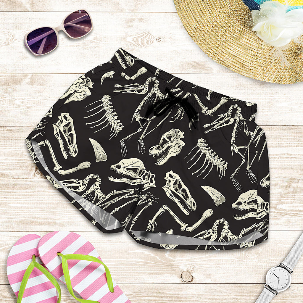 Monochrome Dinosaur Fossil Pattern Print Women's Shorts
