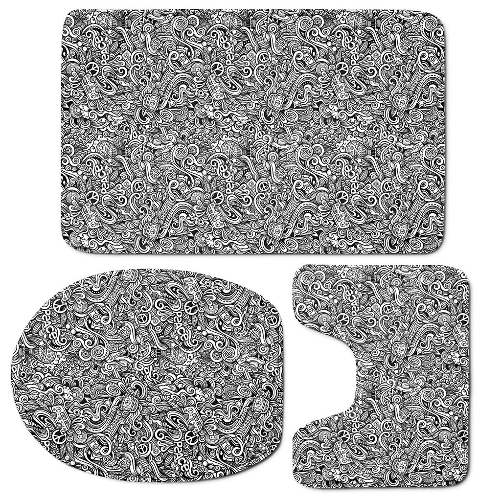 Monochrome Graffiti Hippie Pattern Print 3 Piece Bath Mat Set