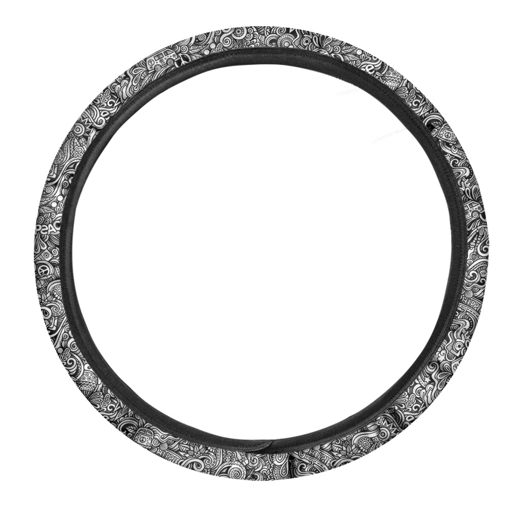 Monochrome Graffiti Hippie Pattern Print Car Steering Wheel Cover