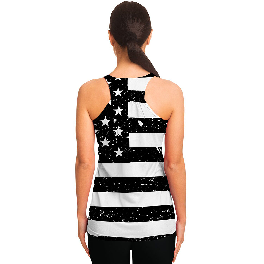 Monochrome Grunge American Flag Print Women's Racerback Tank Top