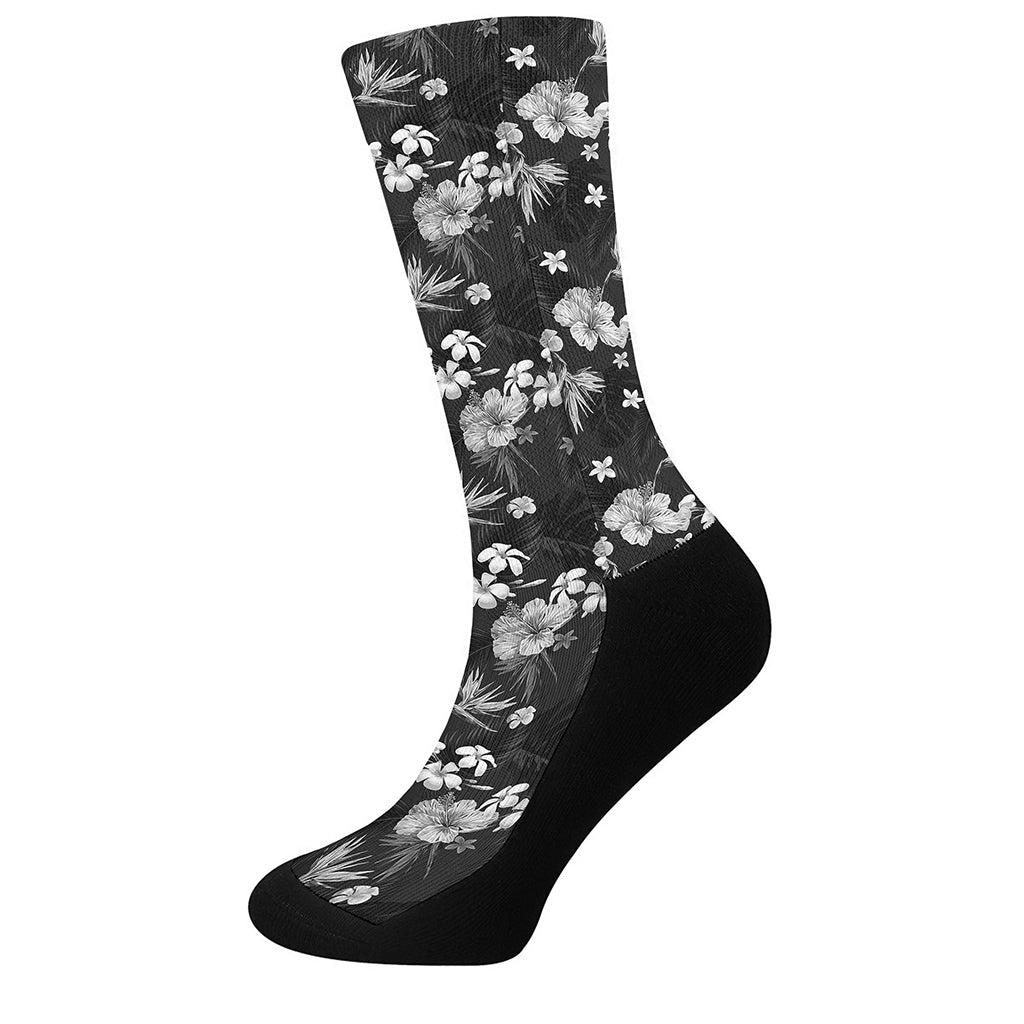 Monochrome Hawaiian Floral Print Crew Socks