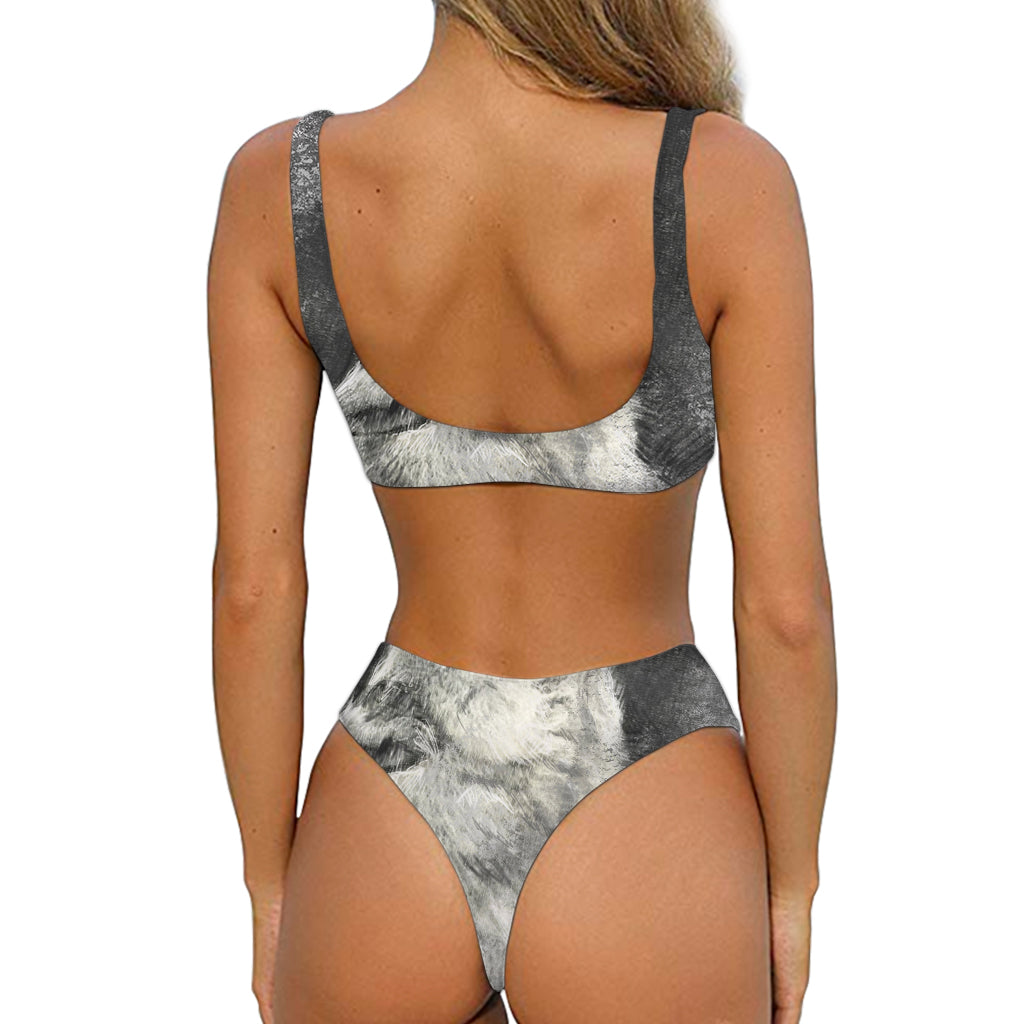 Monochrome Howling Wolf Print Front Bow Tie Bikini