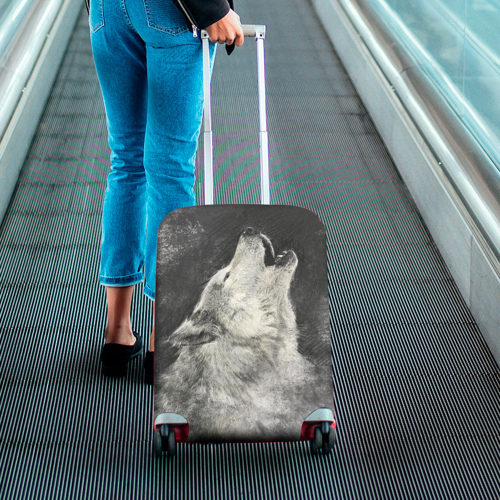 Monochrome Howling Wolf Print Luggage Cover