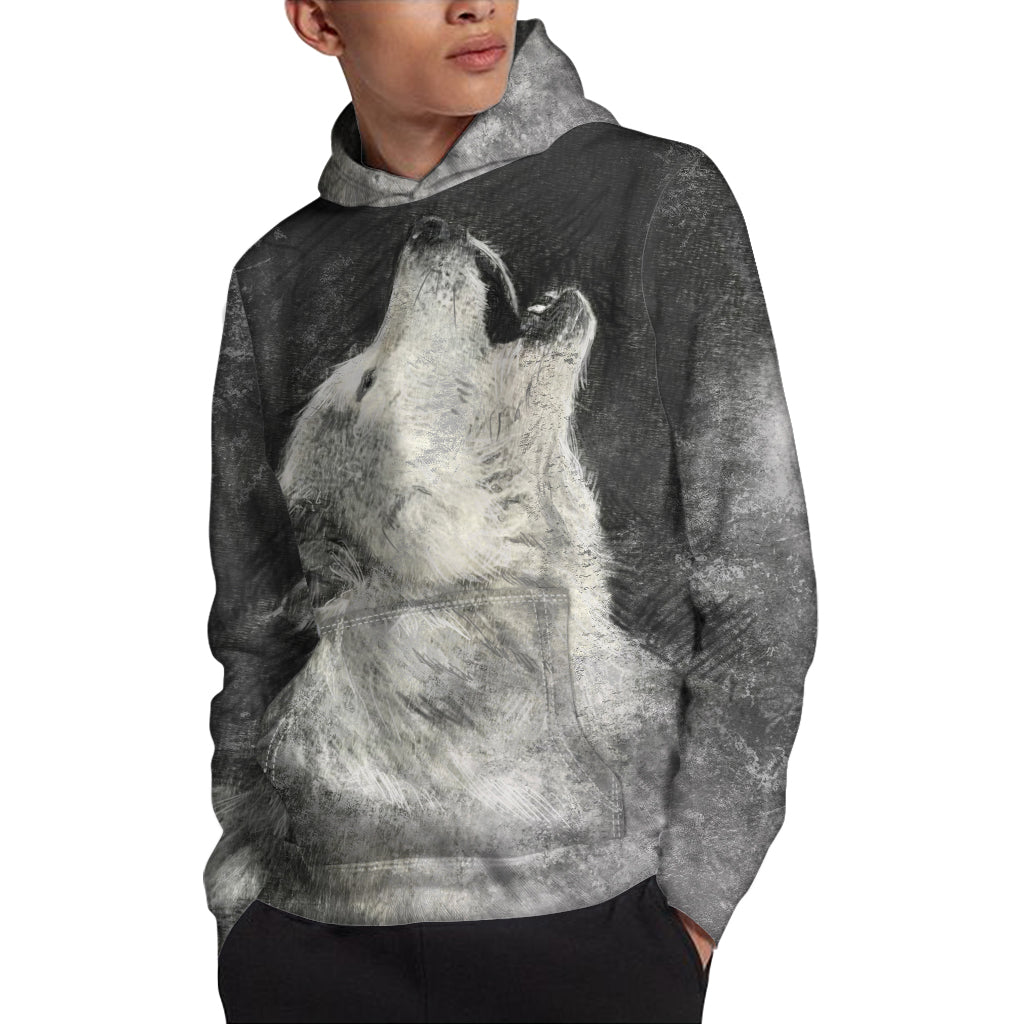 Monochrome Howling Wolf Print Pullover Hoodie