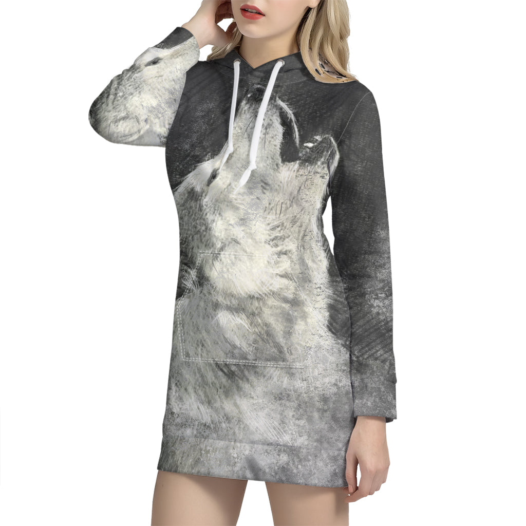 Monochrome Howling Wolf Print Pullover Hoodie Dress