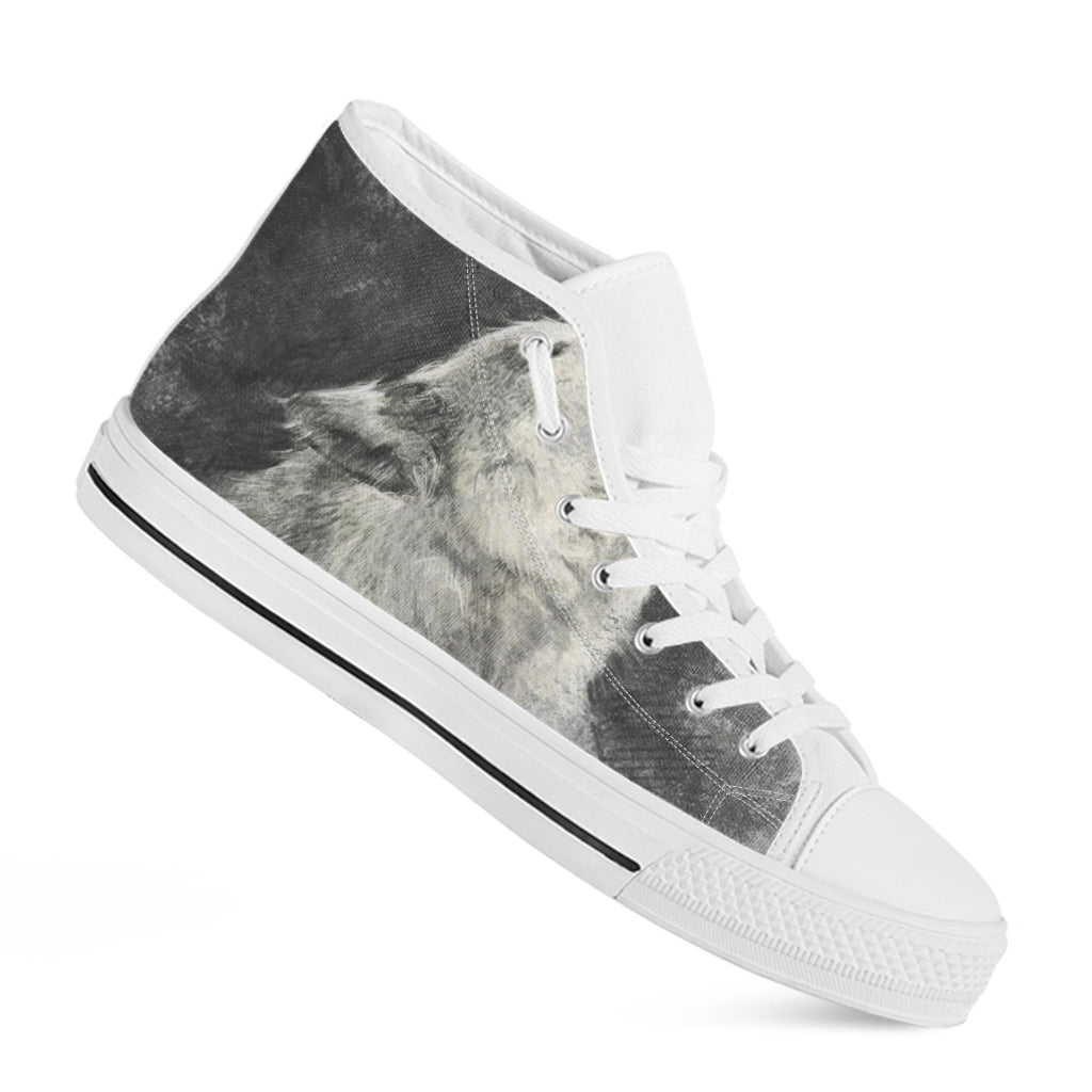 Monochrome Howling Wolf Print White High Top Shoes