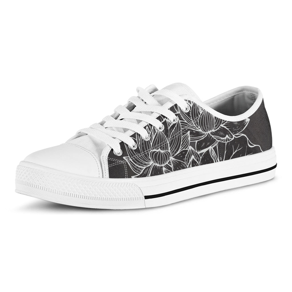 Monochrome Lotus Print White Low Top Shoes