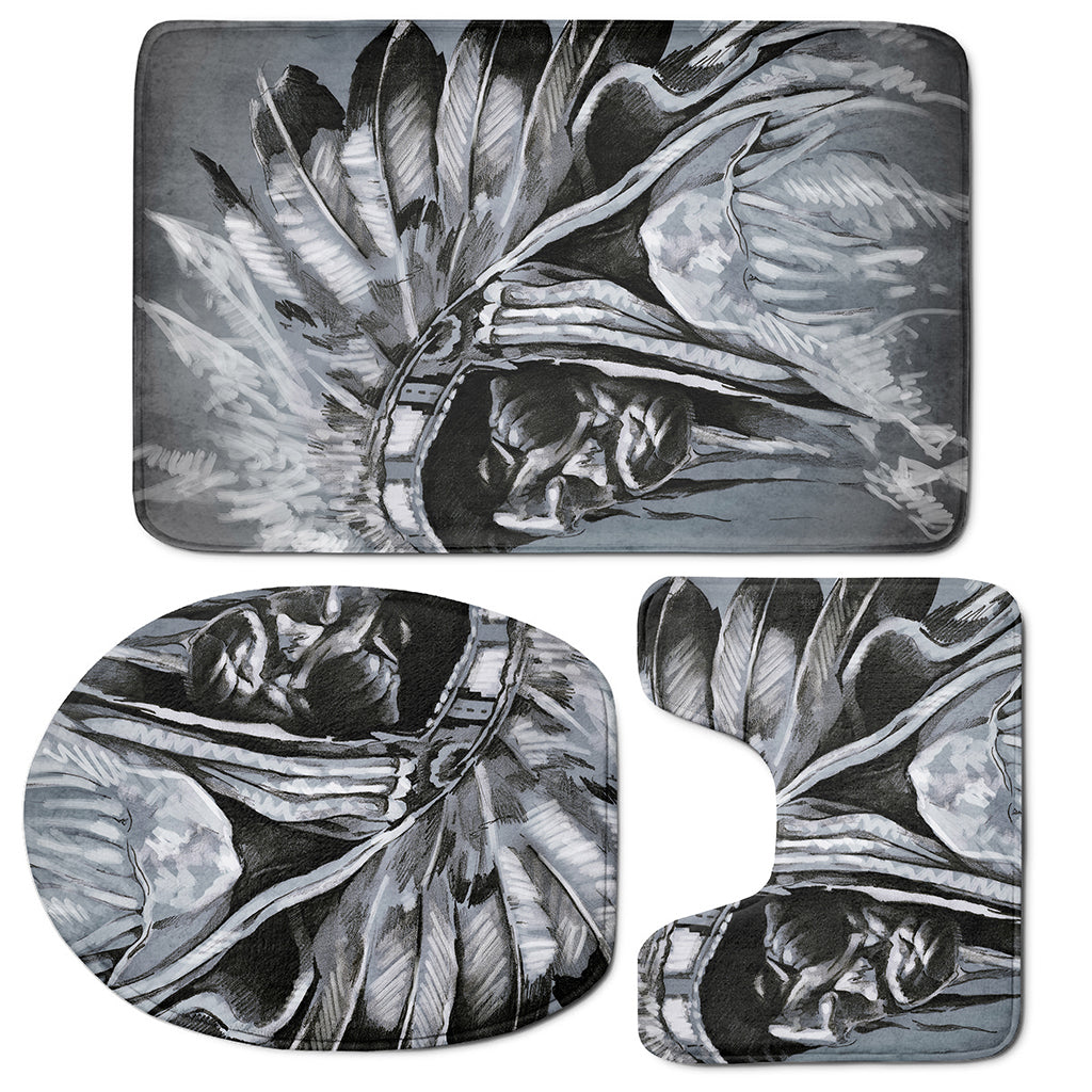 Monochrome Native Indian Portrait Print 3 Piece Bath Mat Set