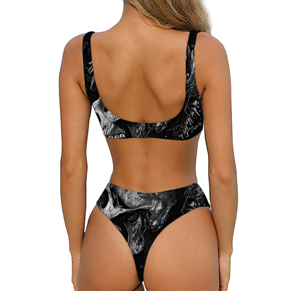 Monochrome Punk Skull Print Front Bow Tie Bikini