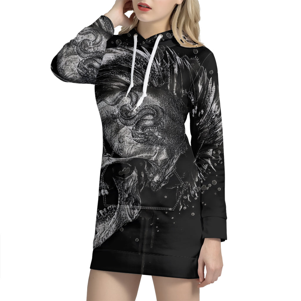 Monochrome Punk Skull Print Pullover Hoodie Dress