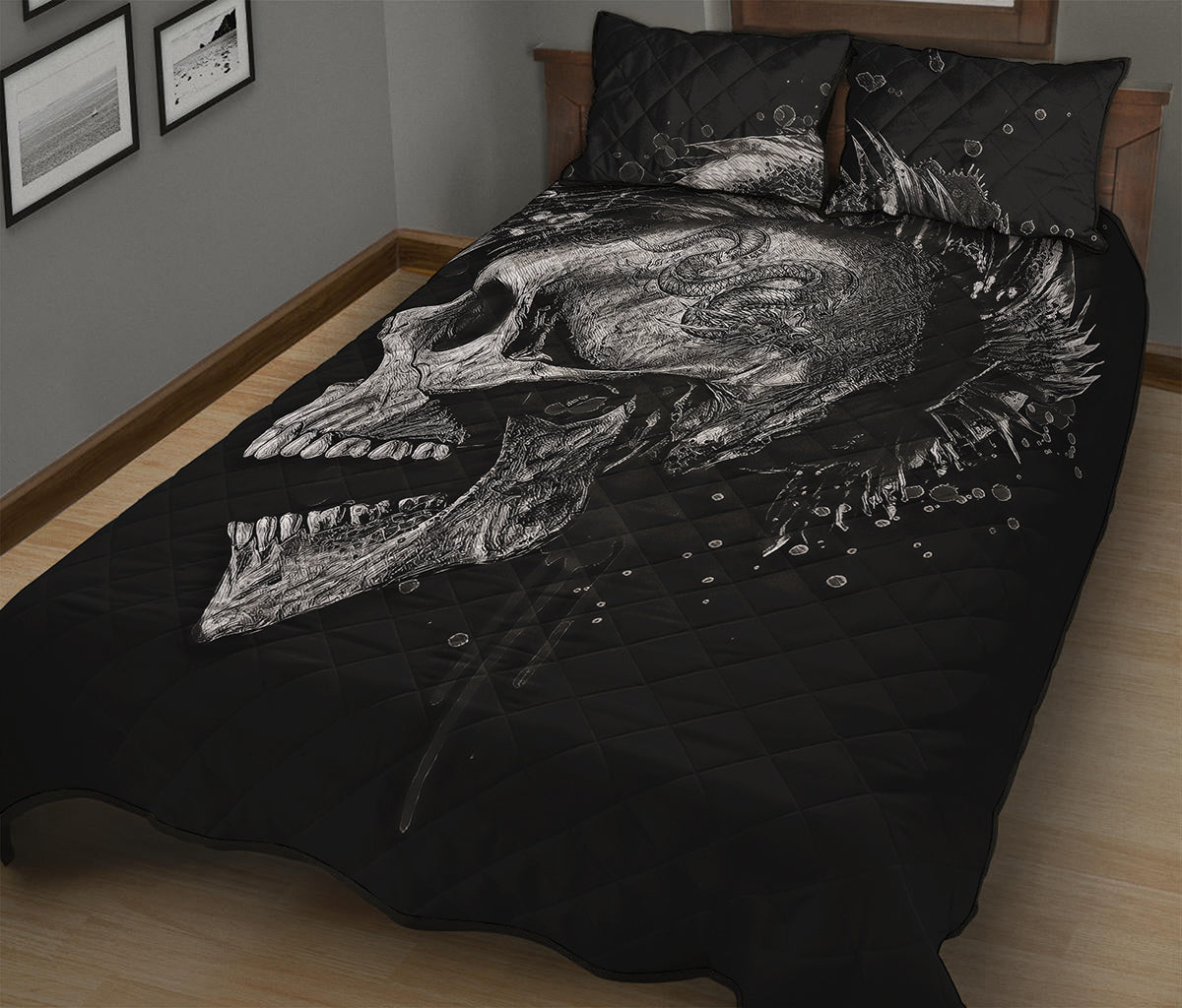 Monochrome Punk Skull Print Quilt Bed Set