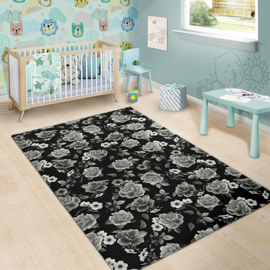 Monochrome Rose Floral Pattern Print Area Rug GearFrost