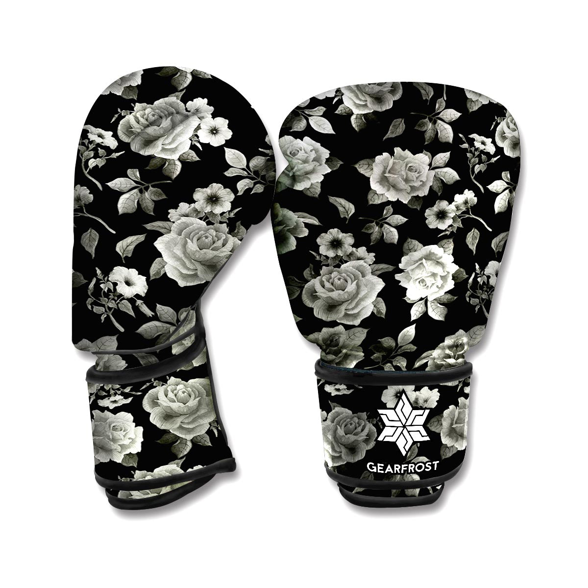 Monochrome Rose Floral Pattern Print Boxing Gloves