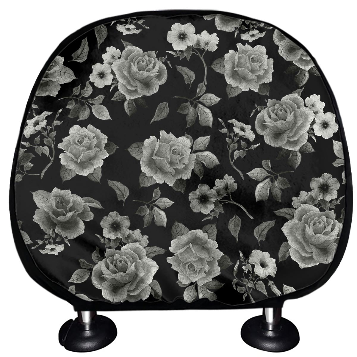Monochrome Rose Floral Pattern Print Car Headrest Covers