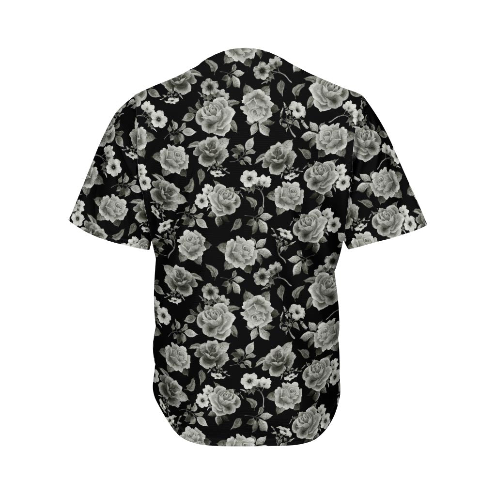 Monochrome Rose Floral Pattern Print Men's Baseball Jersey