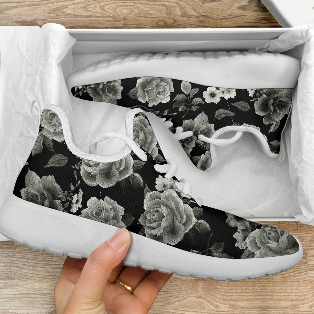Monochrome Rose Floral Pattern Print Mesh Knit Shoes GearFrost
